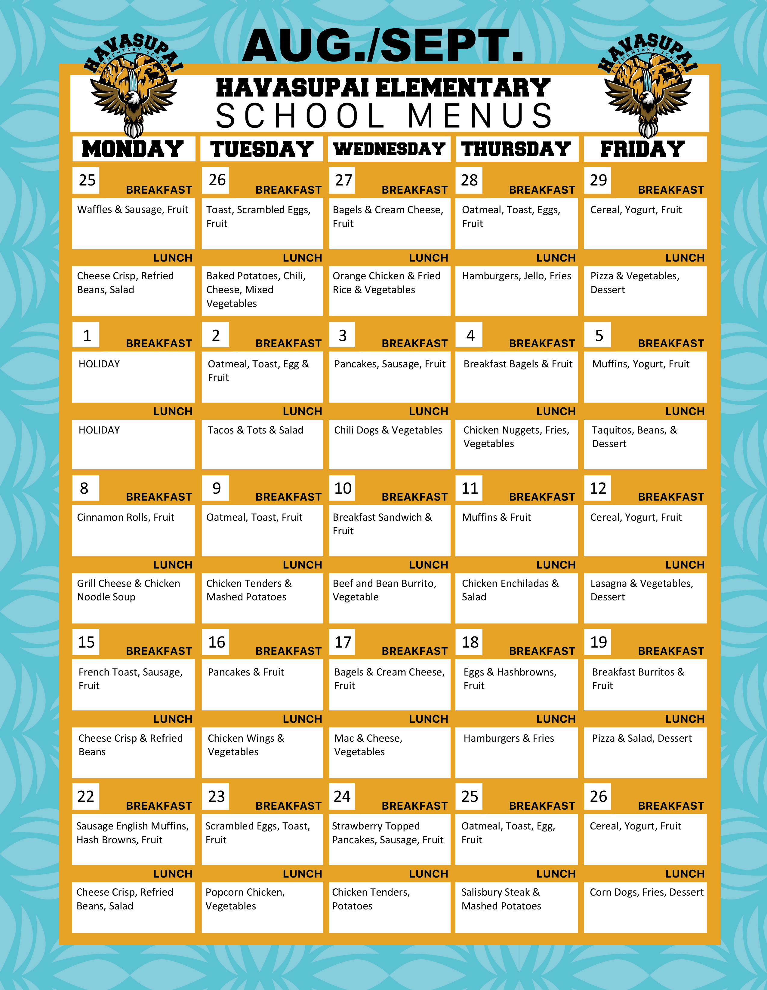 Havasupai Elementary School August and September 2025 Menus