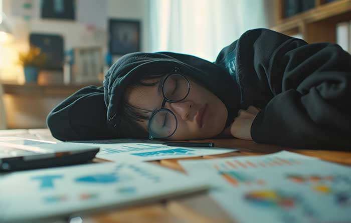 Young person resting head on desk with paper strewn about.