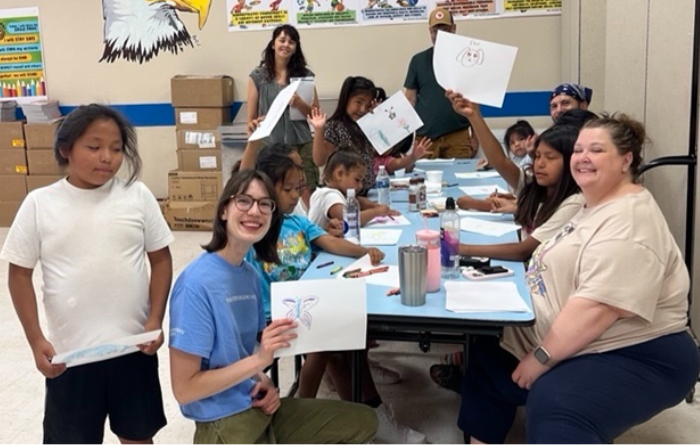 Students and facilitators participate in a Native theater arts workshop at Havasupai Elementary School.